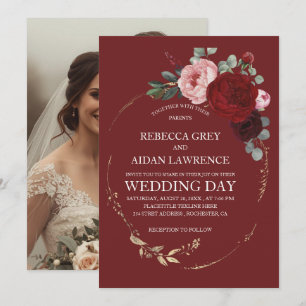 Invitación Superposición de fotos florales elegantes en burgu