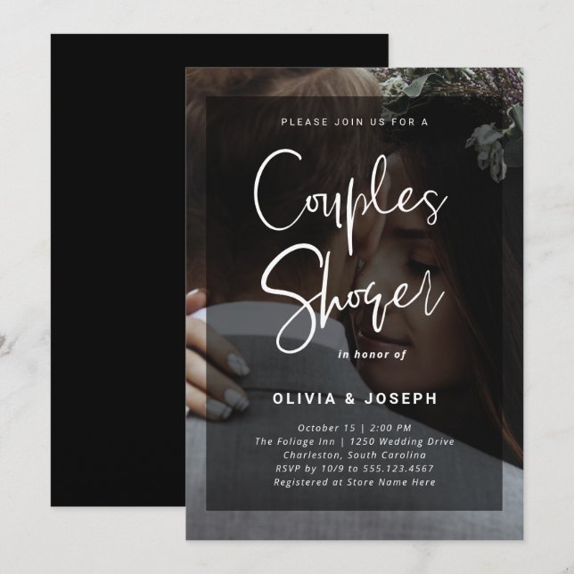 Invitación Superposición en blanco y negro| Ducha de parejas  (Anverso / Reverso)