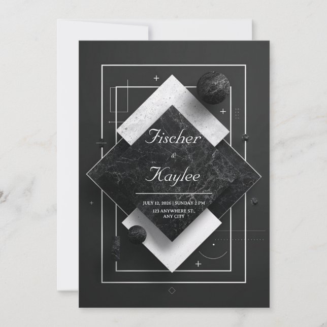 Invitación Superposición Geométrica de Mármol Diamante Monocr (Anverso)