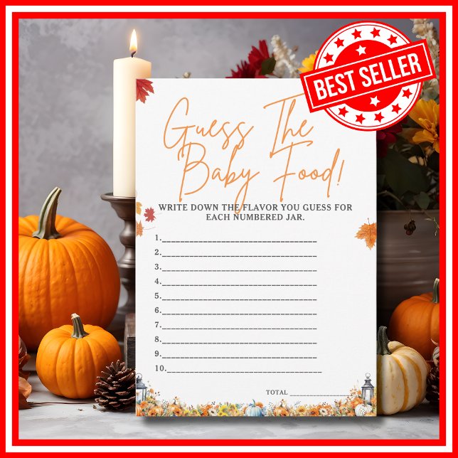 Invitación SUPONGA LA Calabaza Cute del juego de Baby Shower  (GUESS THE BABY FOOD Easy Baby Shower Game A Little Pumpkin is on the Way Theme )