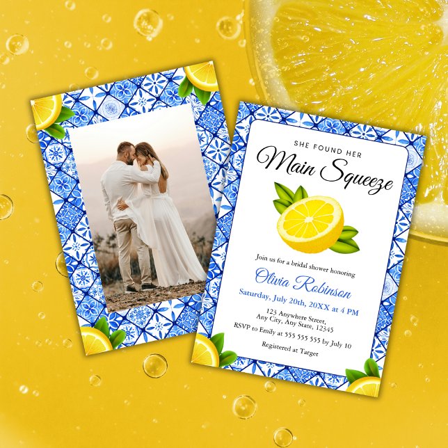 Invitación Supresión principal de la ducha de novia con foto  (She Found Her Main Squeeze Mediterranean Lemon Photo Bridal Shower Invitation    )