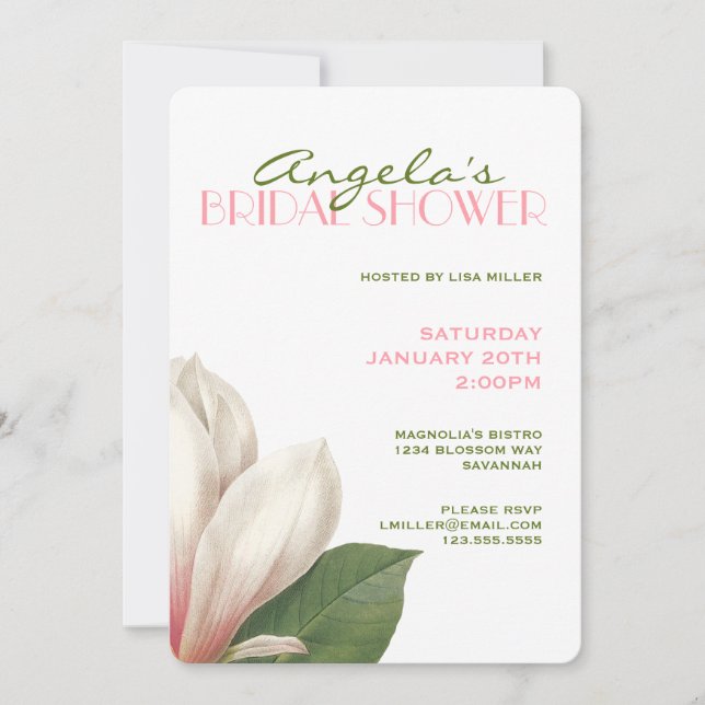 Invitación Sur de Magnolia Bridal Shower | Verde blanco rosad (Anverso)