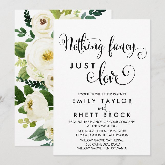 Invitación Sur | Respaldo floral Nada Fancy Just Love (Anverso / Reverso)