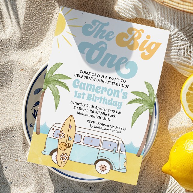 Invitación Surf Amarillo Azul Retro Gran Uno Primer Cumpleaño (Surf Big One Birthday Invitation, The Big ONE Surfer First Birthday Invitation Template, Retro
)