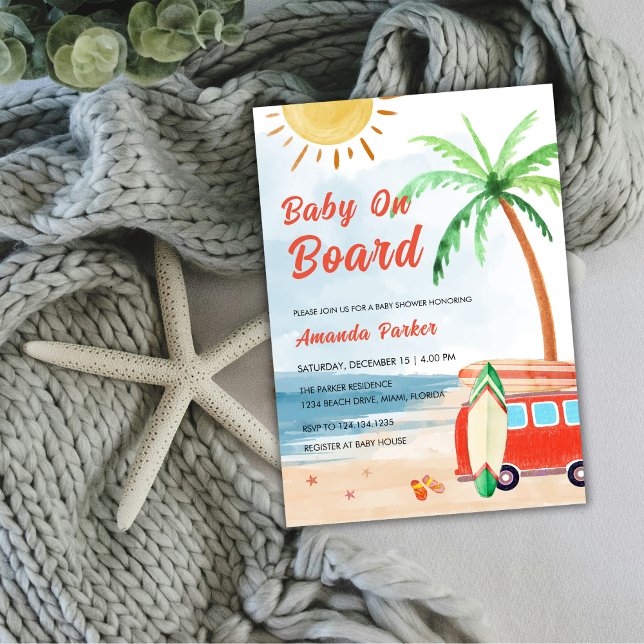 Invitación Surf Beach Baby A Bordo Baby Shower (Surf Beach Baby On Board Baby Shower Invitation)