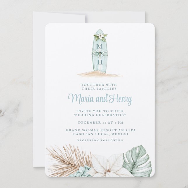 Invitación Surfboard navidades | Boda en la playa de invierno (Anverso)