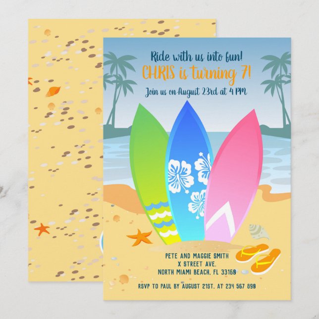 Invitación Surfboards en el fiesta de cumpleaños de los niños (Anverso / Reverso)