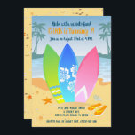 Invitación Surfboards en el fiesta de cumpleaños de los niños<br><div class="desc">Invite a sus amigos y familia a celebrar el cumpleaños de su hijo, niño o chica, con esta simple pero bonita y moderna invitación de cumpleaños. Tres tablas de surf se encuentran en la arena dorada enmarcada por palmeras y un mar azul. Es una elección ideal si tus hijos nacieron...</div>