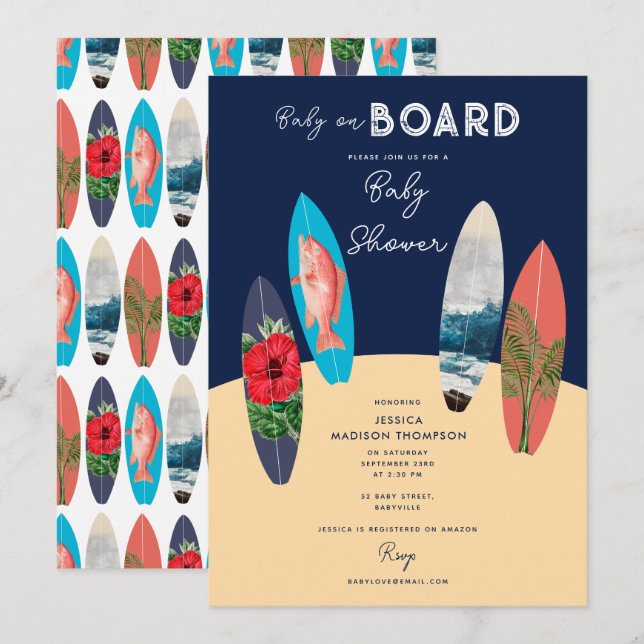 Invitación Surfboards retro bebé a bordo de Baby Shower (Anverso / Reverso)