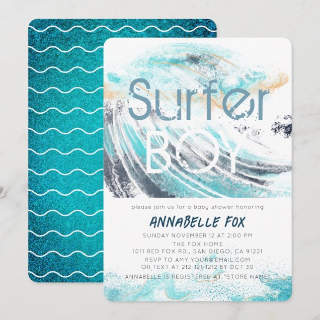 Invitación Surfer Boy Blue Wave Splash Surfing Baby Shower (Anverso / Reverso)