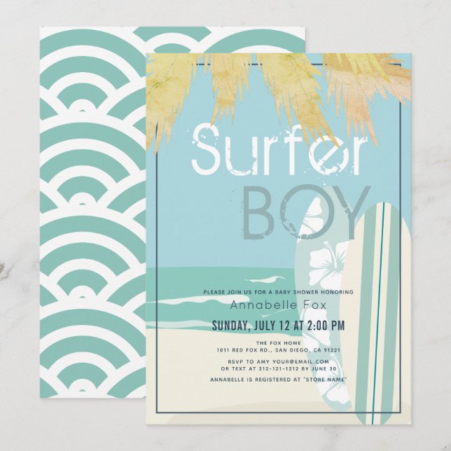 Invitación Surfer Boy Surfboards Beach Baby Shower (Anverso / Reverso)