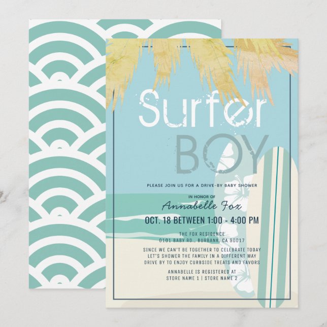 Invitación Surfer Boy Surfboards Beach Drive-by Baby Shower (Anverso / Reverso)