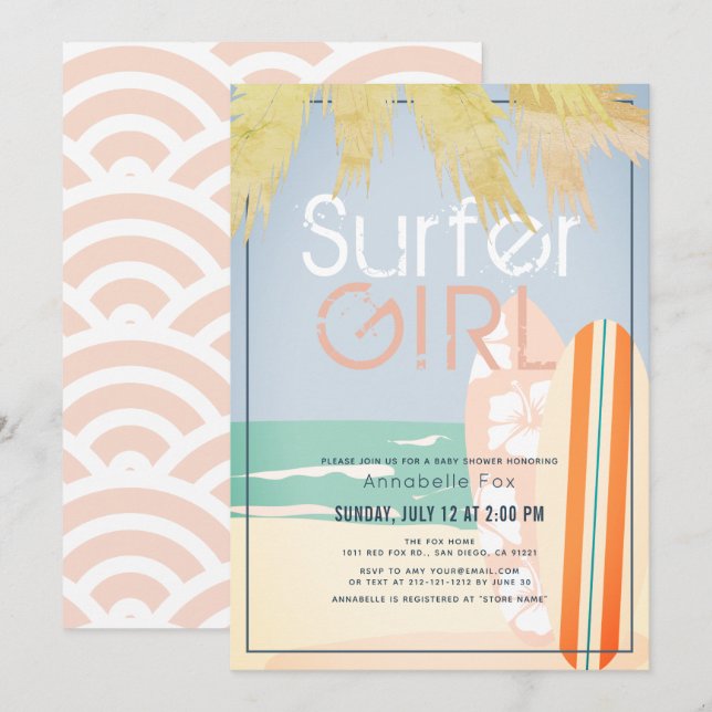 Invitación Surfer Chica Surfboards Beach Baby Shower (Anverso / Reverso)