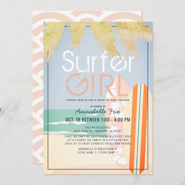 Invitación Surfer Chica Surfboards Beach Drive-by Baby Shower (Anverso / Reverso)