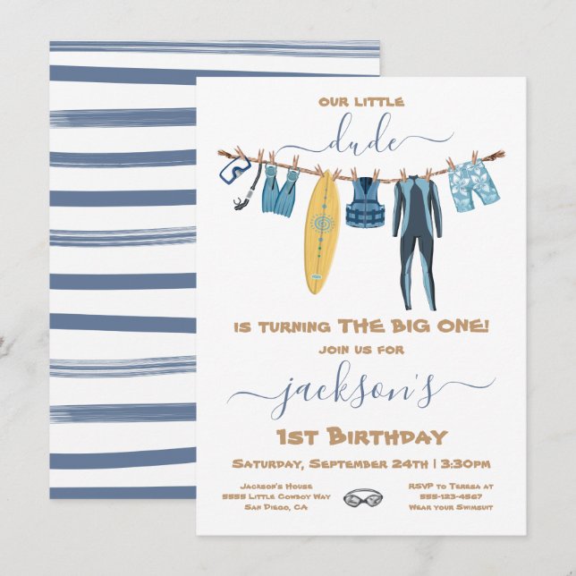 Invitación Surfing 1er cumpleaños Fiesta Clothesline (Anverso / Reverso)