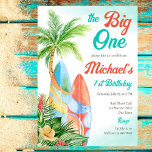 Invitación Surfing 1st birthday the big one template<br><div class="desc">Surfing 1st birthday the big one template invitation instant download. Palm tree,  surf boards,  tropical plants,  retro font for beach,  surfing,  tropical themed birthday party.</div>