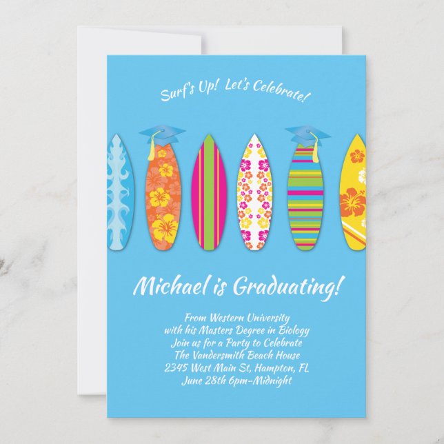 Invitación Surfing Graduation Party Surf Board (Anverso)