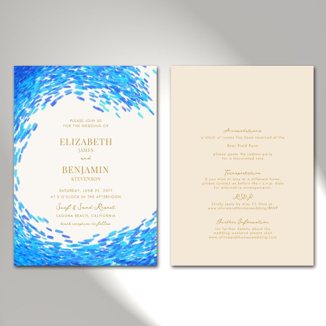 Invitación Surfista de oro de ola azul moderno todo en un Bod (Subido por el creador)