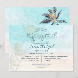 Invitación Surfs PixDezines, palmeras, mitzvah de murciélago 