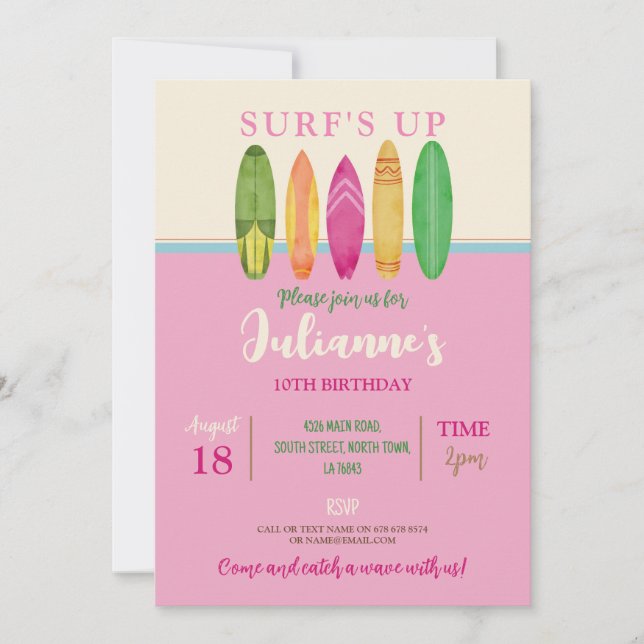 Invitación ¡Surf's Up! Atrapa a los Chicas de la ola Surf Blu (Anverso)