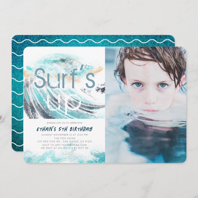 Invitación Surf's Up Blue Wave Surfing Birthday Photo (Anverso / Reverso)