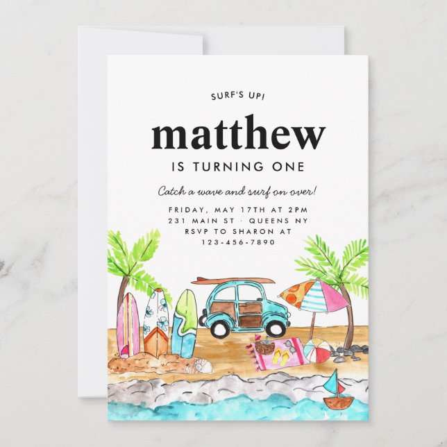 Invitación Surf's Up Board Summer Beach Wave Surfing Cumpleañ (Anverso)