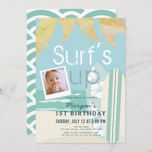 Invitación Surf's Up Boy Surfboard Beach Photo 1er cumpleaños (Anverso / Reverso)