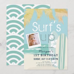 Invitación Surf's Up Boy Surfboard Beach Photo 1er cumpleaños