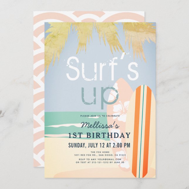Invitación Surf's Up Chica Surfboards Playa Primer Cumpleaños (Anverso / Reverso)