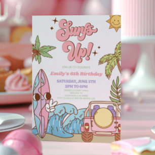 Invitación ¡Surfs Up! Fiesta de cumpleaños Groovy Retro de Su
