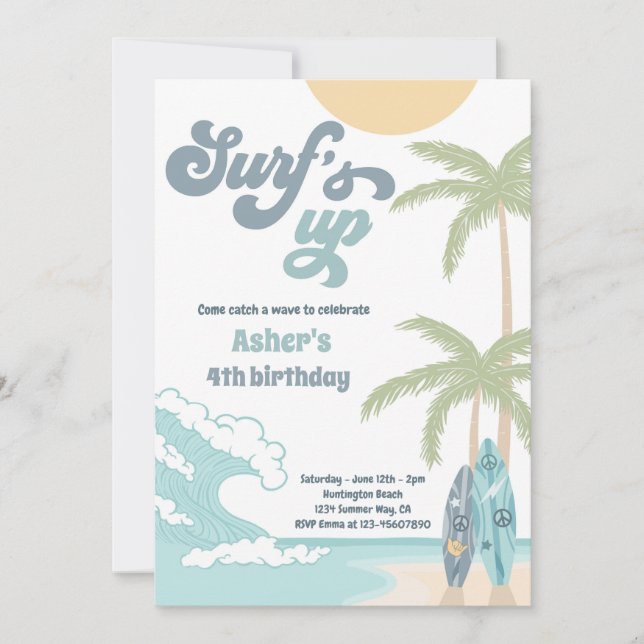 Invitación Surfs Up Retro Surf Beach Birday Party (Anverso)