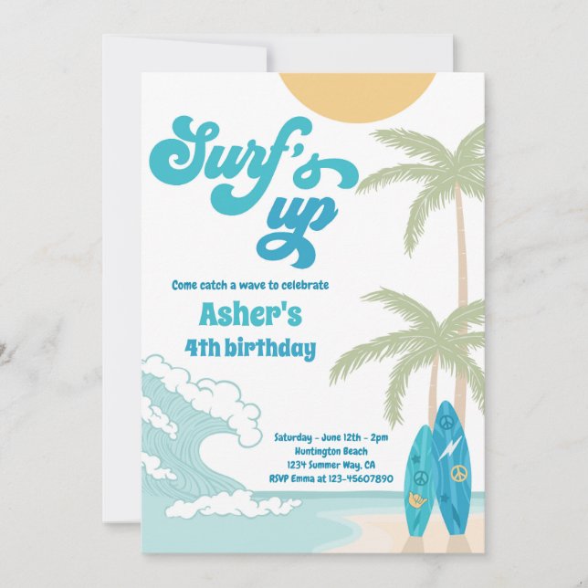 Invitación Surfs Up Retro Surfboard Beach Birday Party (Anverso)