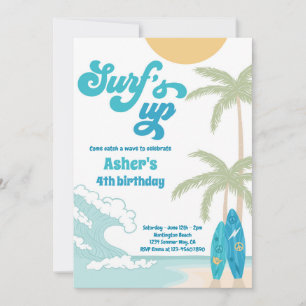 Invitación Surfs Up Retro Surfboard Beach Birday Party