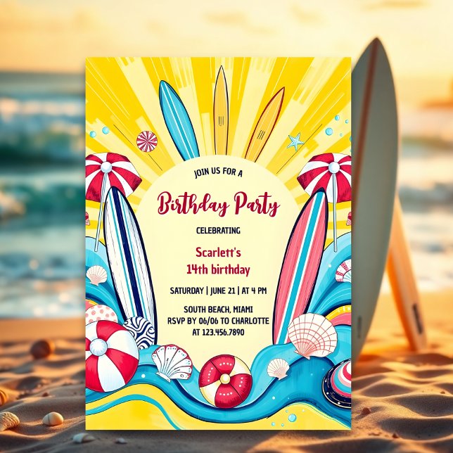 Invitación Surfs Up Summer Fun Beach Surfing Cumpleaños (Summer beach surfing birthday party invitation template)