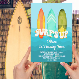 Invitación Surfs Up Surfboard Boy 4 cumpleaños
