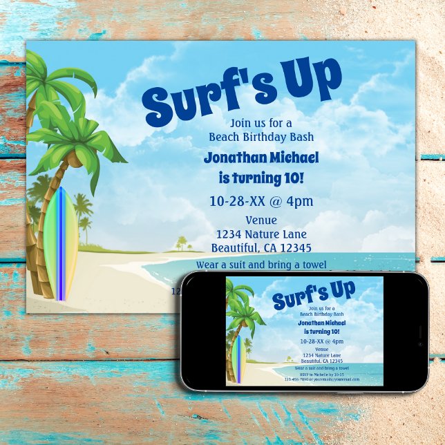 Invitación Surf's Up Surfboard y Beach Surfing Birthday (Subido por el creador)