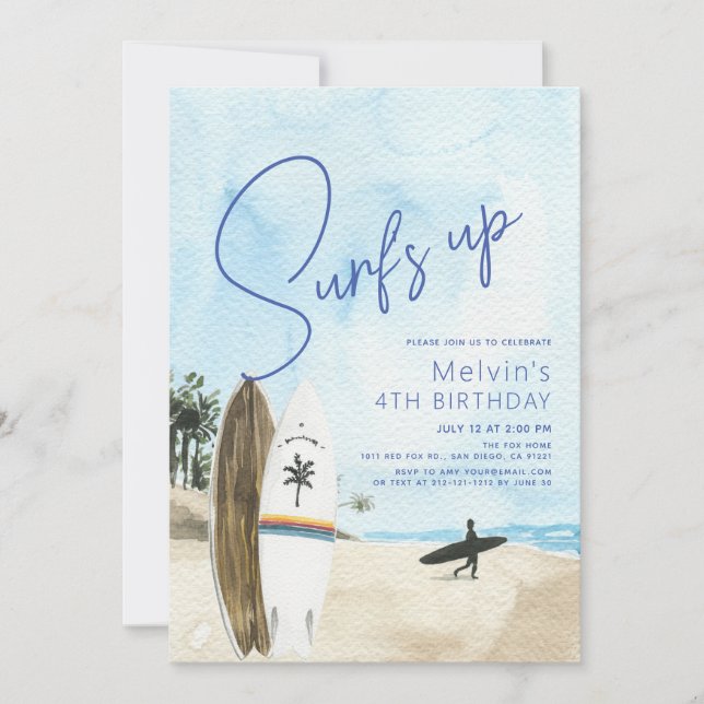 Invitación Surf's Up Surfboards Beach Blue Birthday (Anverso)
