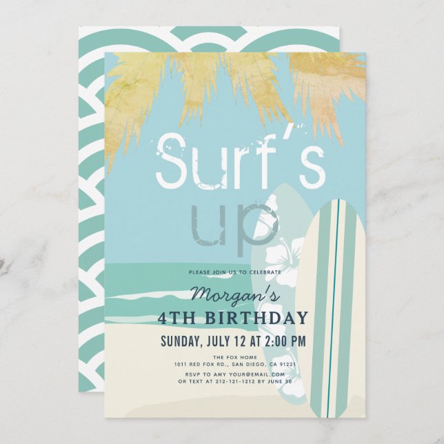 Invitación Surf's Up Surfboards Beach Boy Cumpleaños (Anverso / Reverso)