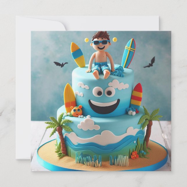 INVITACIÓN ¡SURGE! NIÑO SURFER EN UN CUMPLEAÑOS DE PASTEL (Anverso)