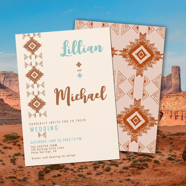 Invitación Suroeste de Sueño País Desierto Boda Occidental (southwestern desert cowboy western wedding invitation terracotta teal elegant rustic tribal pattern)