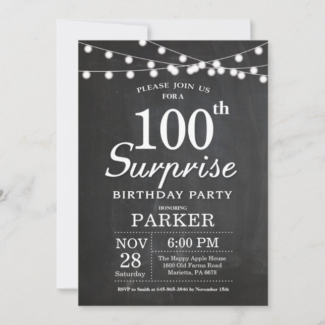 Invitación Surprise 100th Birthday Invitation Chalkboard (Anverso)
