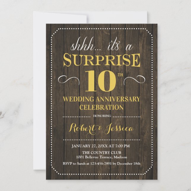 Invitación Surprise 10° Aniversario Boda - Oro Maderero (Anverso)