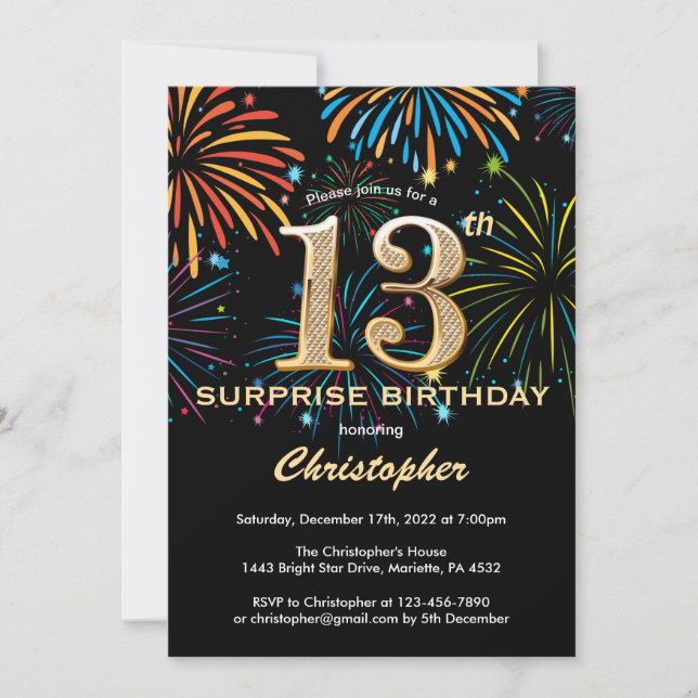 Invitación Surprise 13th Birthday Black Gold Firework (Anverso)