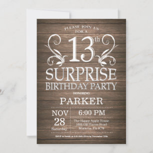 Invitación Surprise 13th Birthday Invitation Rustic Wood