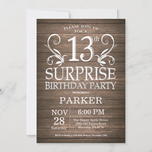 Invitación Surprise 13th Birthday Invitation Rustic Wood (Anverso)