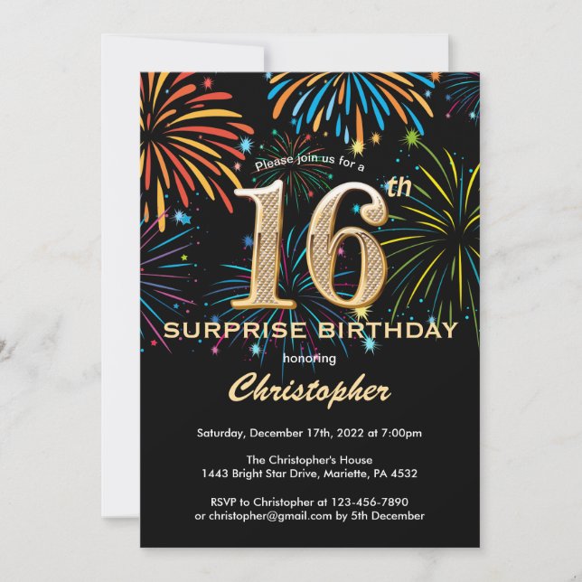Invitación Surprise 16th Birthday Black Gold Firework (Anverso)