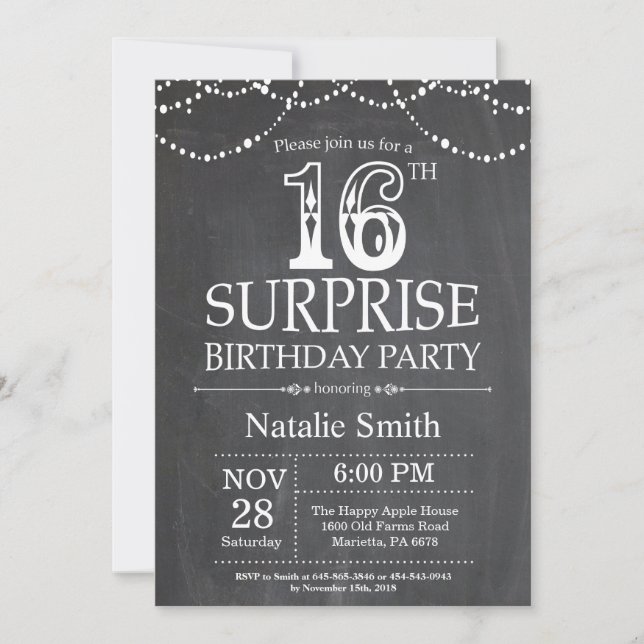 Invitación Surprise 16th Birthday Invitation Chalkboard (Anverso)