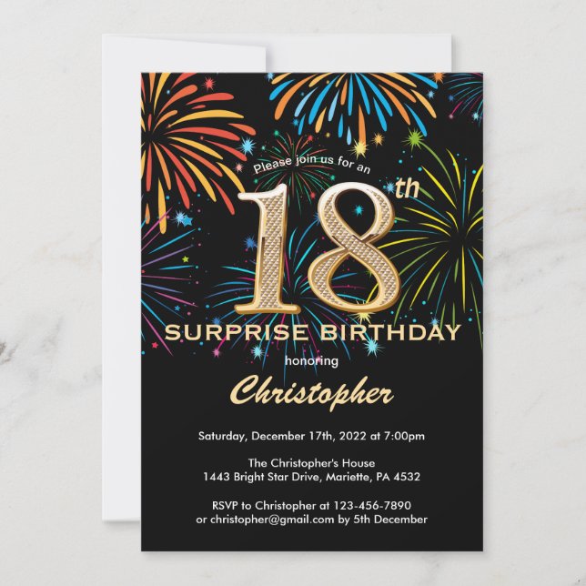 Invitación Surprise 18th Birthday Black Gold Fire (Anverso)