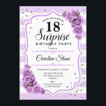 Invitación Surprise 18th Birthday - Blanco Morado<br><div class="desc">Sorpresa Invitación a los 18 Años. Diseño lilaco de lavanda blanca. Presenta rayas,  rosas púrpura pastel,  fuente de escritura y confeti. Perfecto para una elegante fiesta de cumpleaños. Se puede personalizar para mostrar cualquier edad. Mándame un mensaje si necesitas más personalización.</div>