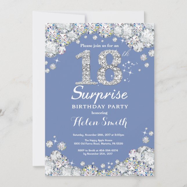 Invitación Surprise 18th Birthday Blue Silver Diamond (Anverso)